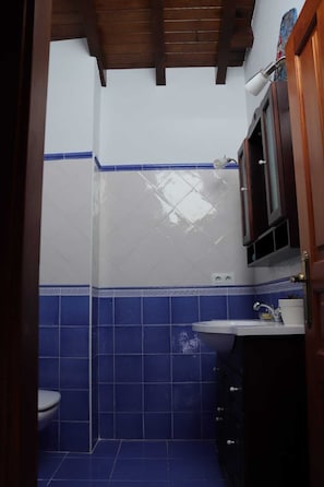 Ducha y bañera combinadas, secador de pelo, toallas y jabón