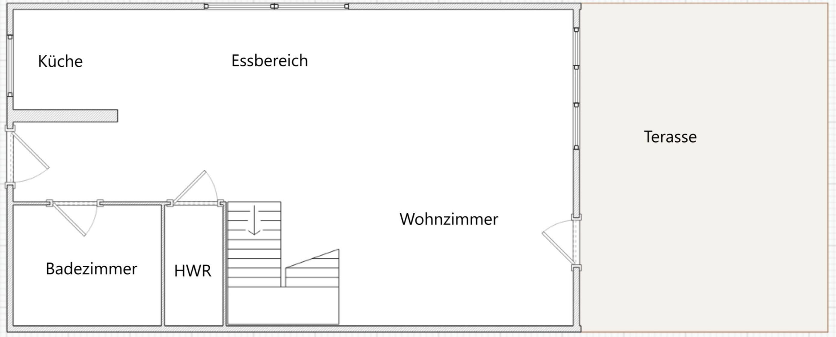 A floor plan with labeled rooms: kitchen, bathroom, living room, terrace, and HWR.