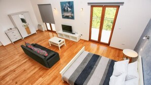 A modern bedroom with a large bed, a sofa, a TV, and a wardrobe. - Villa 22 ,beautiful villa with a gorgeous view on Boka bay (Herceg Novi)