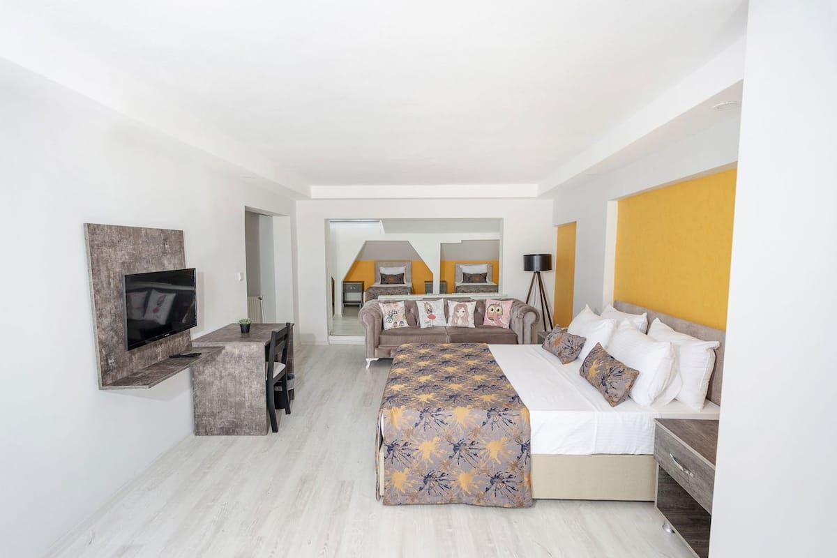 Une chambre d’hôtel moderne équipée d’un téléviseur à écran plat, d’un canapé, d’un lit avec une literie à motifs et d’un bureau avec une chaise.