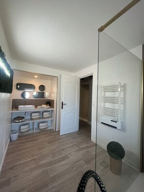 A hallway with a white door, a radiator, and a small potted plant.