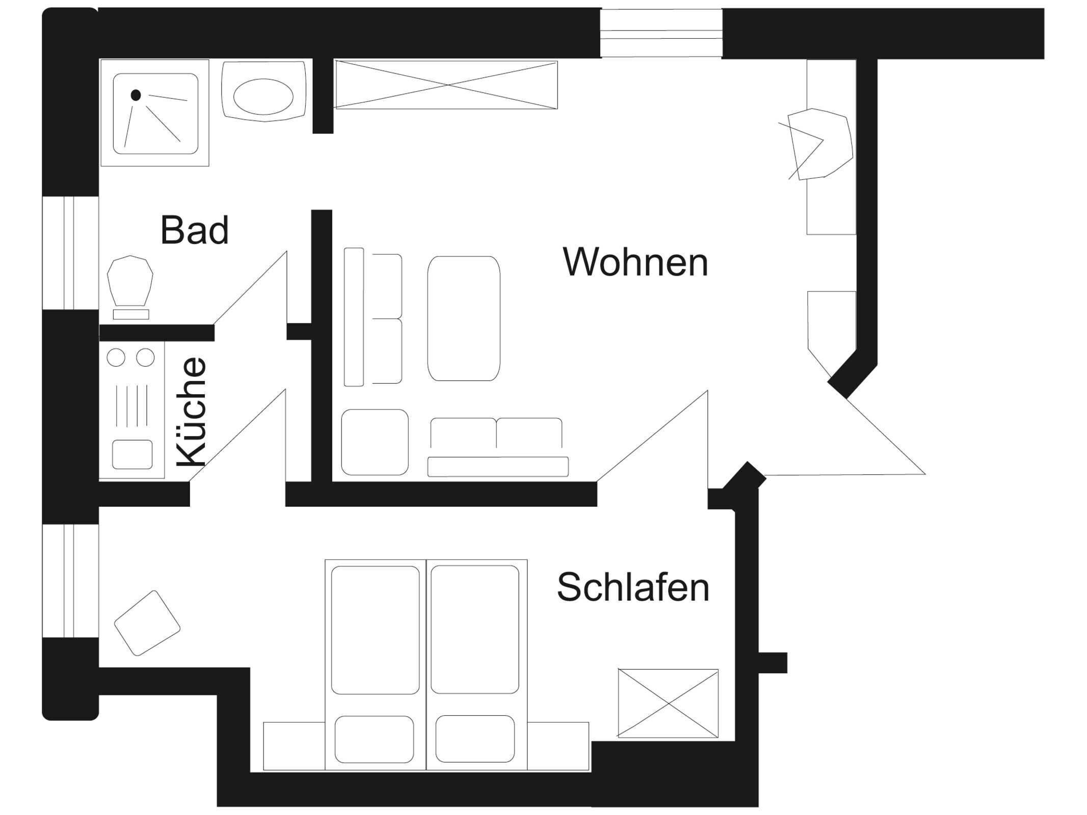 A hotel floor plan with labeled rooms: Bad, Küche, Wohnen, and Schlafen.