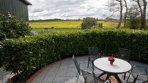 A patio area with a round table and chairs, a potted plant, and a view of a field and trees in the background. - Apartment Nice view - Ferienhof Börsby - Apartment Schöne Aussicht (Pommerby)