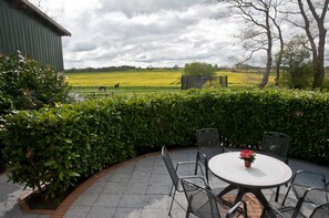 Een terras met een ronde tafel en stoelen, een plant in een pot, en een uitzicht op een veld en bomen in de verte.