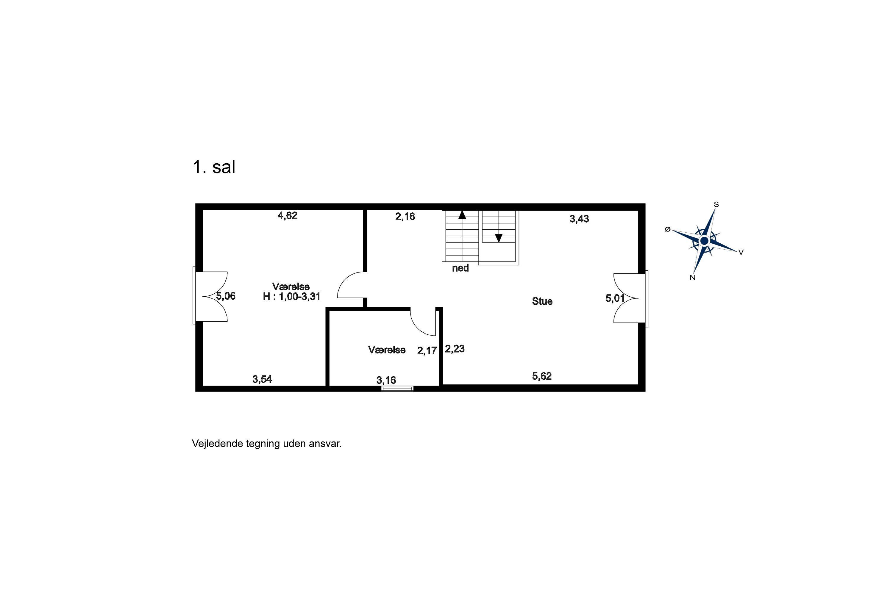 Plano de planta de una habitación con medidas identificadas y una brújula que señala el norte.