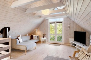 Smart TV, fireplace, books, stereo