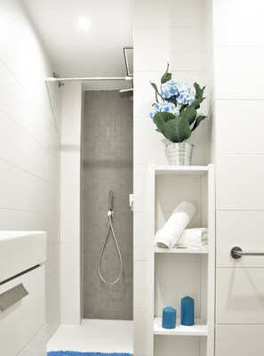 Apartment | Bathroom | Shower, rainfall showerhead, hair dryer