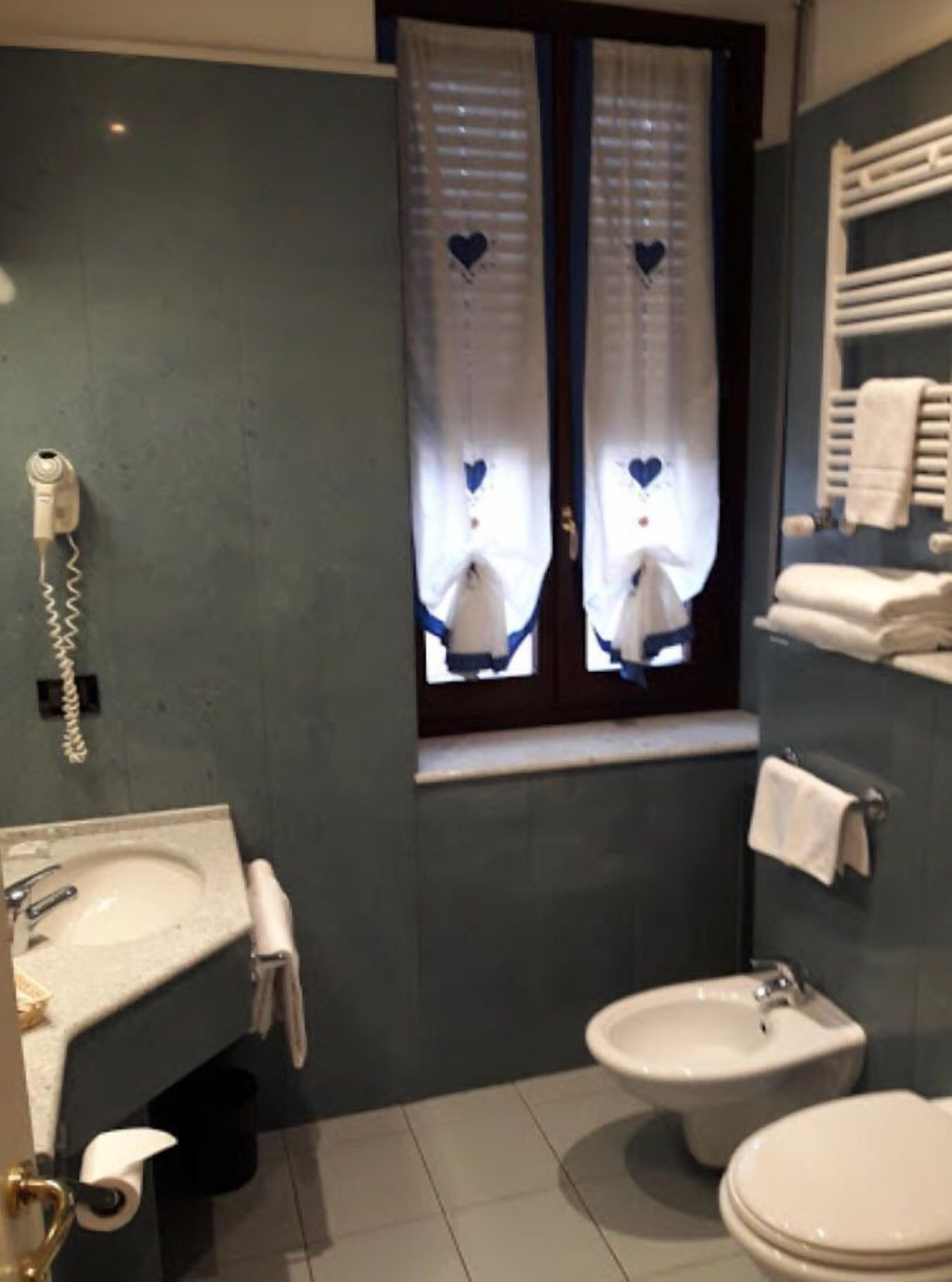 free toiletries, hair dryer, bidet, towels