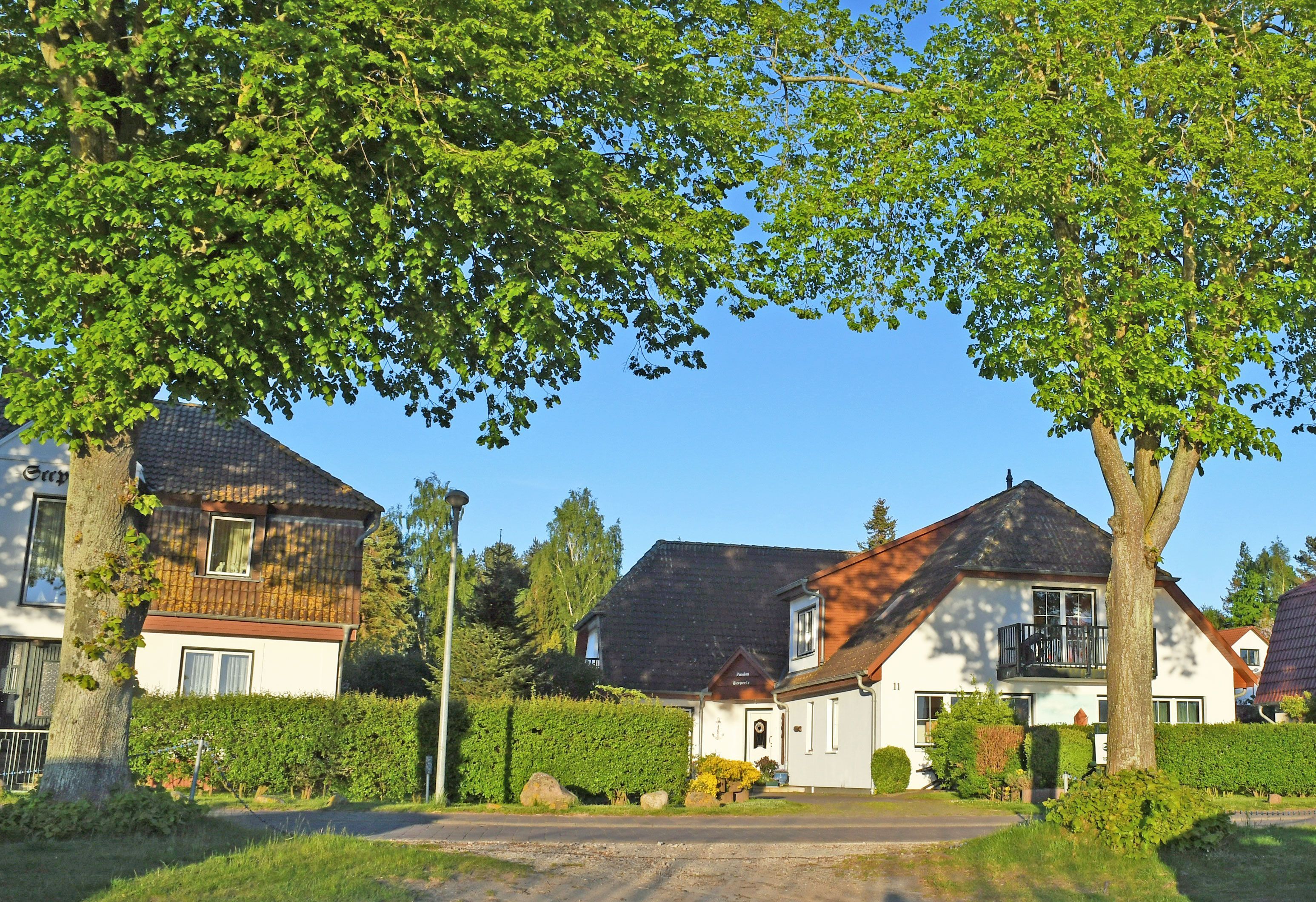 Una calle residencial con casas, árboles y cielo despejado.