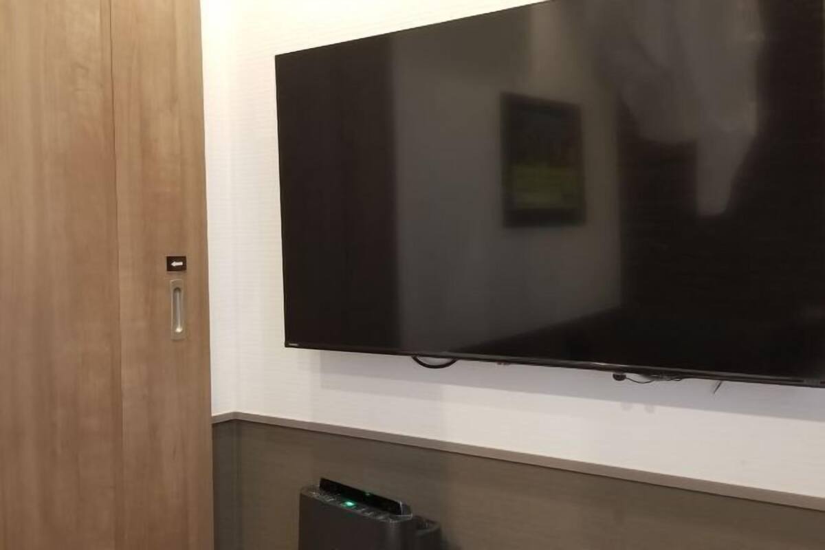 En platt-TV som är monterad på en vägg, en dörr med ett handtag och en papperskorg.