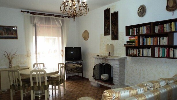 Ein Wohnzimmer mit einer Couch, einem Fernseher, einem Kamin und einem Bücherregal.