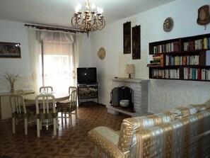 A living room with a sofa, a television, a fireplace, and a bookshelf. - B&B Valente (Centola)