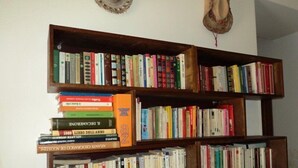 Ein Bücherregal mit Büchern, ein hölzernes Spielzeug und ein Wanddekor.