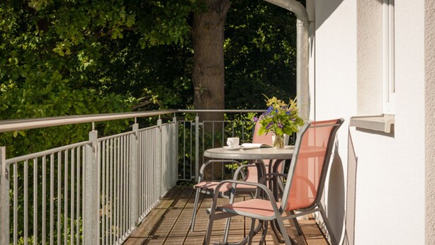 A balcony with a table and chairs, surrounded by a metal railing, and a tree in the background. - Vacation apartment WE18 - Holiday apartments at the sports field (Sellin)