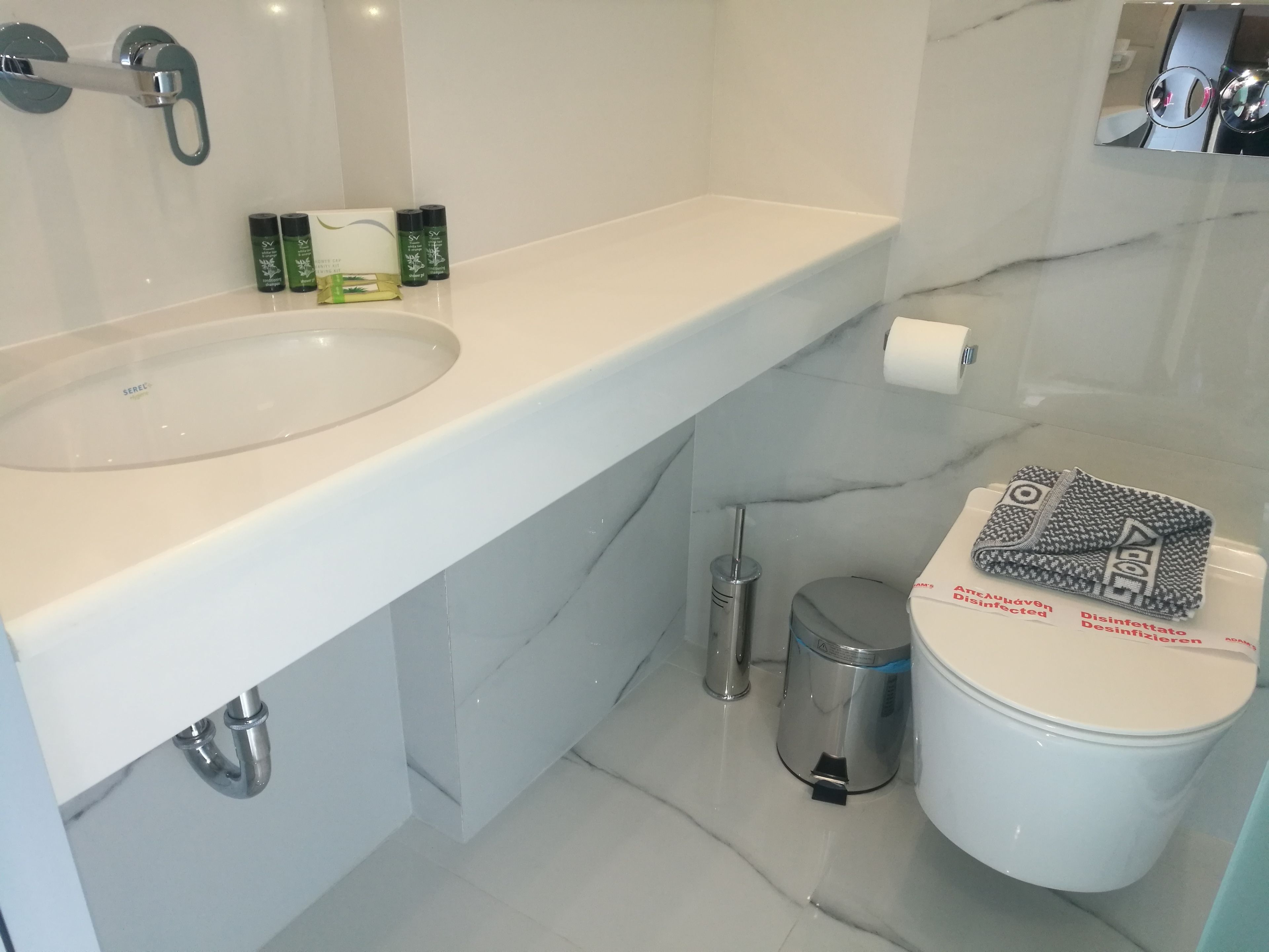 Ein Badezimmer mit einem weißen Waschbecken, einer Toilette und einem Mülleimer. Auf der Ablagefläche des Waschbeckens liegen Toilettenartikel.