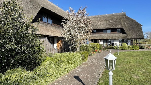 A traditional thatched-roof building with a paved pathway leading to it, surrounded by greenery.