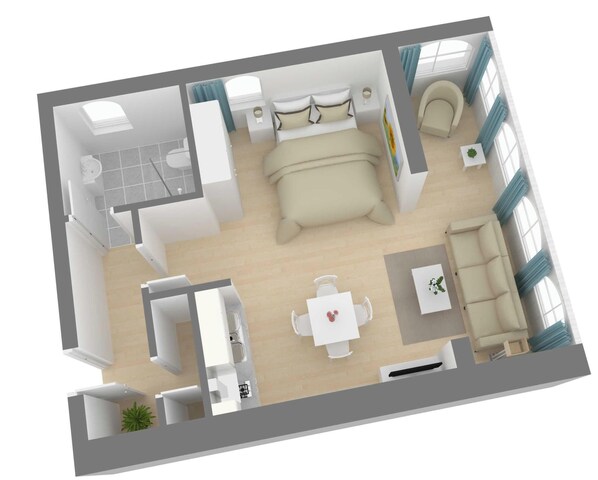 Grundriss eines Hotelzimmers mit Bett, Schreibtisch, Stuhl, kleinem Tisch, Sofa, Fenster und Bad.