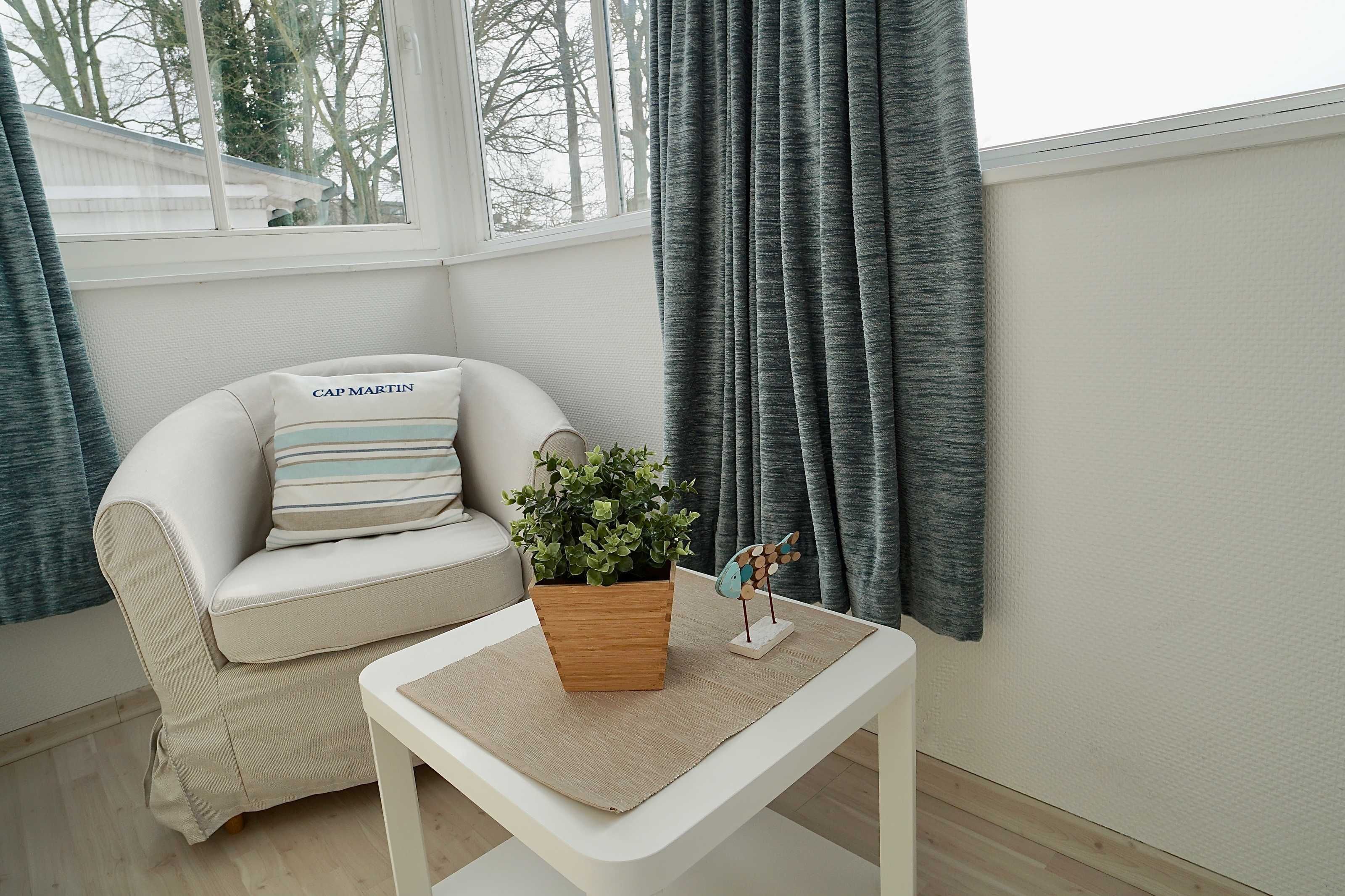 Une pièce avec un canapé blanc, une petite table en bois ornée d’une plante, et une vue sur les arbres par la fenêtre.