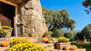 A stone building with a wooden door, surrounded by potted plants and pumpkins. - Il Nuraghe Del Lago Coghinas (Oschiri)