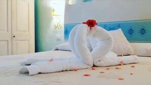 A bed with a towel arranged in the shape of a swan, a red rose on the head, and rose petals scattered on the bed. - Il Nuraghe Del Lago Coghinas (Oschiri)