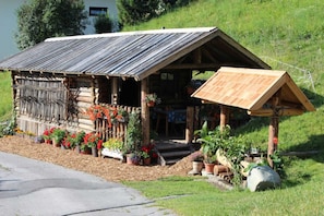 A rustic log cabin with a wooden porch, surrounded by potted plants and flowers. - Bauernhof Huber - Double room 1 (Wenns)