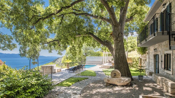 A courtyard with a large tree, a stone bench, and a swimming pool. - Villa Ana – Private Villa mit beheiztem Pool, großem Garten & Meerblick… (Zaostrog)