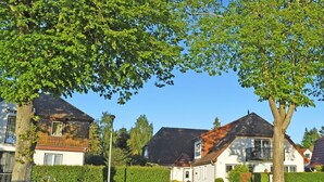 A residential street with houses, trees, and a clear sky.