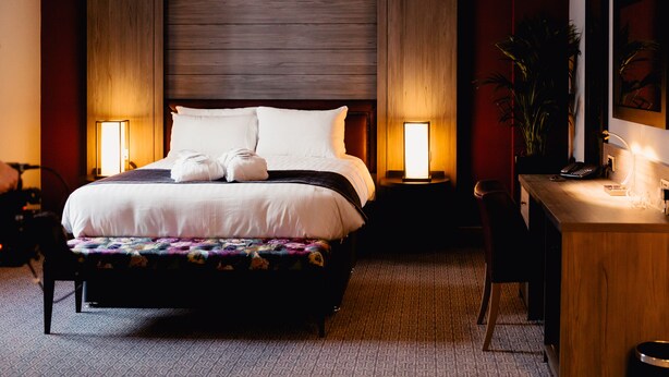 Een hotelkamer met een groot bed, twee bedlampjes, een bureau met een stoel en een potplant.