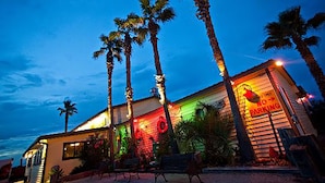 A building with a 'No Parking' sign, palm trees, and colorful lighting.