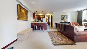 TV, fireplace - Terracehouse 93 - Steps to Slopes | Inviting Mountain Retreat, Pool & Hot Tub (Snowmass Village)