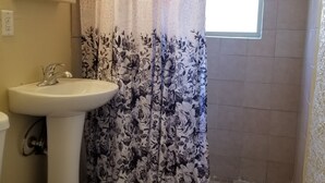A bathroom with a toilet, sink, shower, and a window. - A Gem in the Heart of Tucson (Tucson)