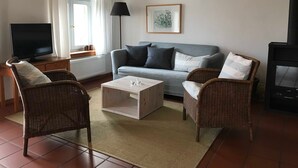A living room with a sofa, two wicker chairs, a coffee table, a TV, a lamp, a framed picture, and a fireplace. - Vacation home 2 - Holiday homes Michaelis 1 to 4 in Quilitz (Rankwitz)
