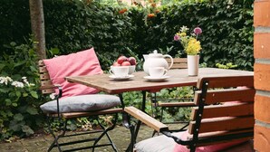 A wooden bench with a cushion, a table with a teapot, cups, and a bowl of fruit, surrounded by greenery. - Vacation home 2 - Holiday homes Michaelis 1 to 4 in Quilitz (Rankwitz)