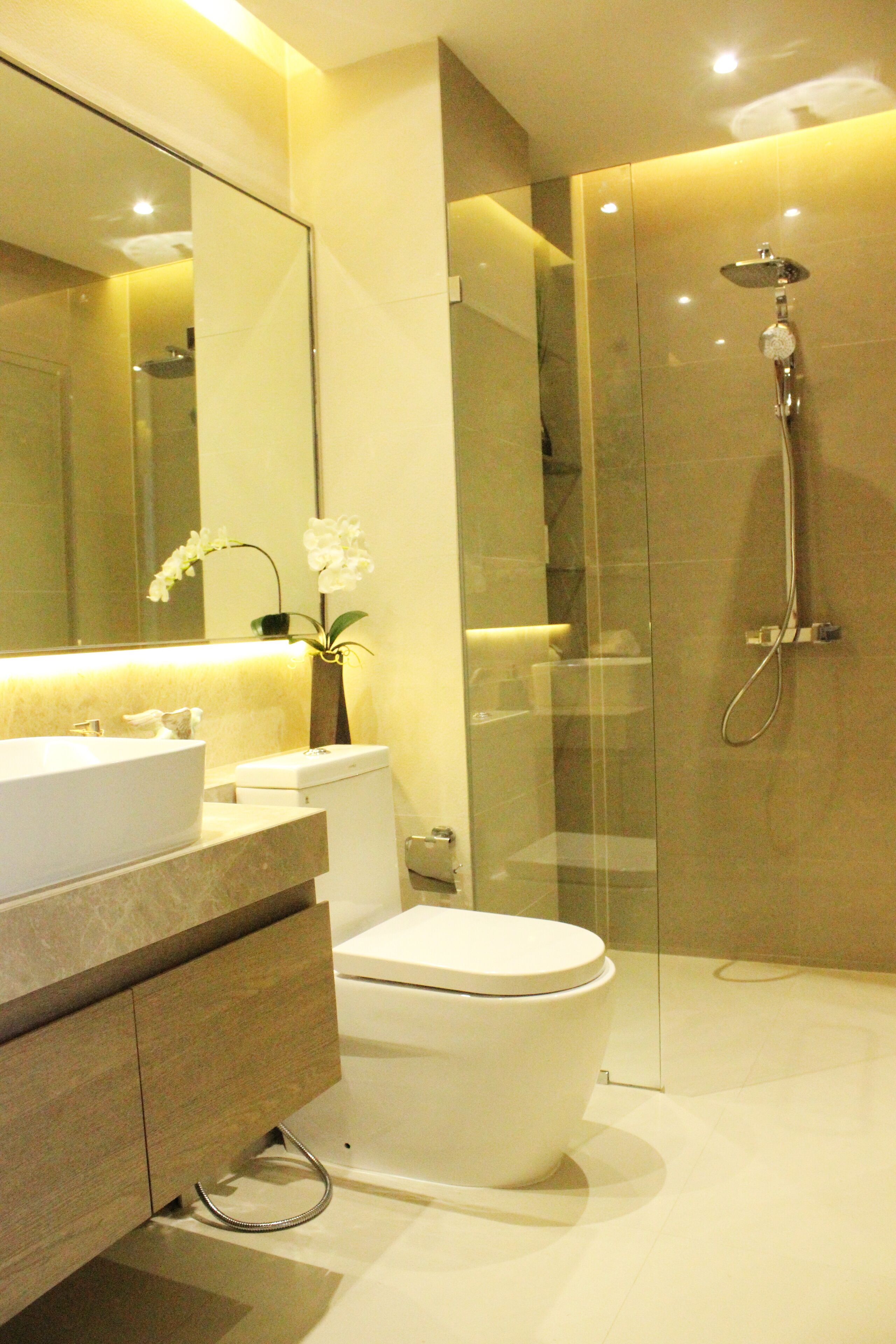 A modern bathroom with a glass-enclosed shower, a white toilet, and a vanity with a sink and mirror.