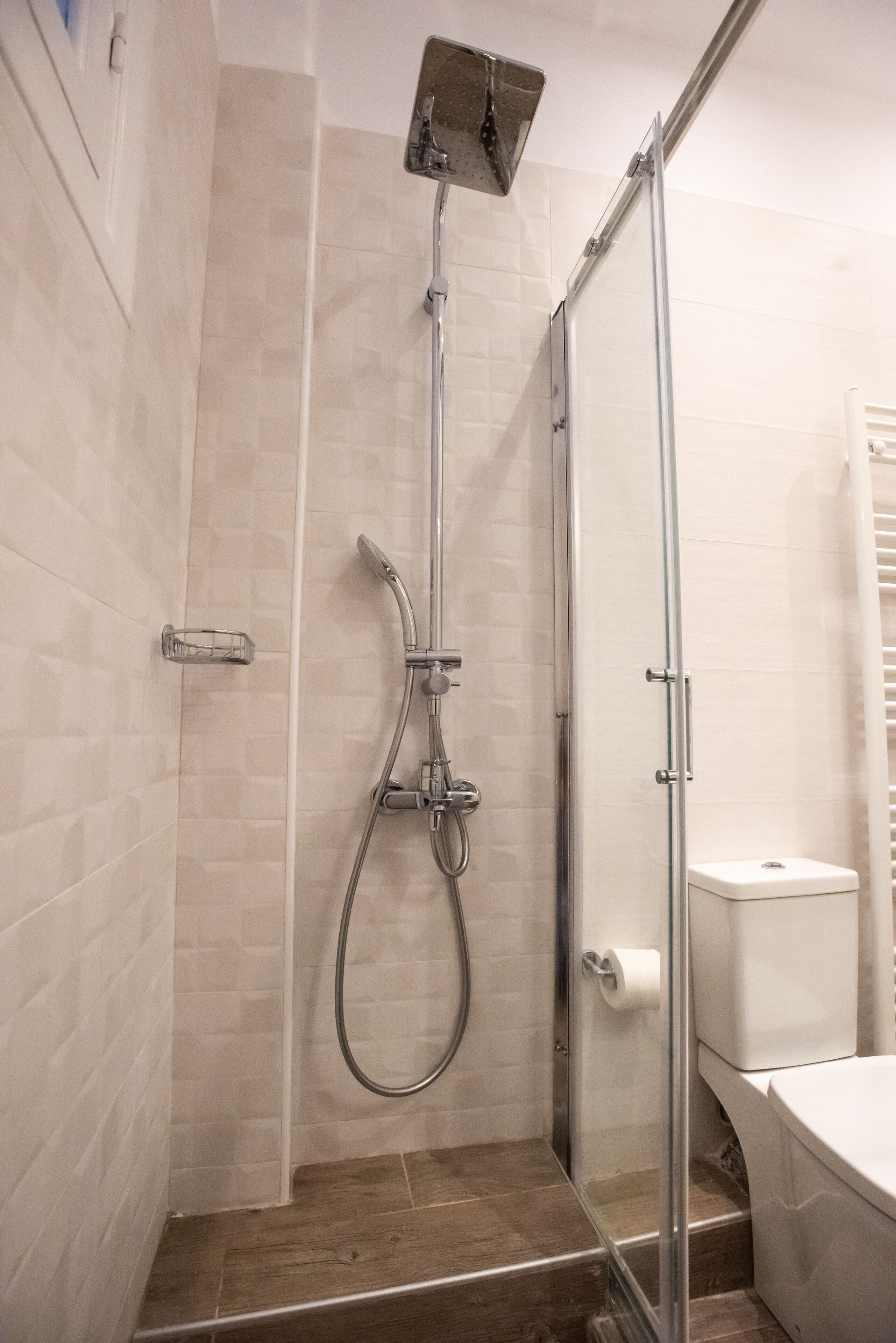 Un área de ducha con puerta de cristal, un cabezal de ducha y un inodoro.