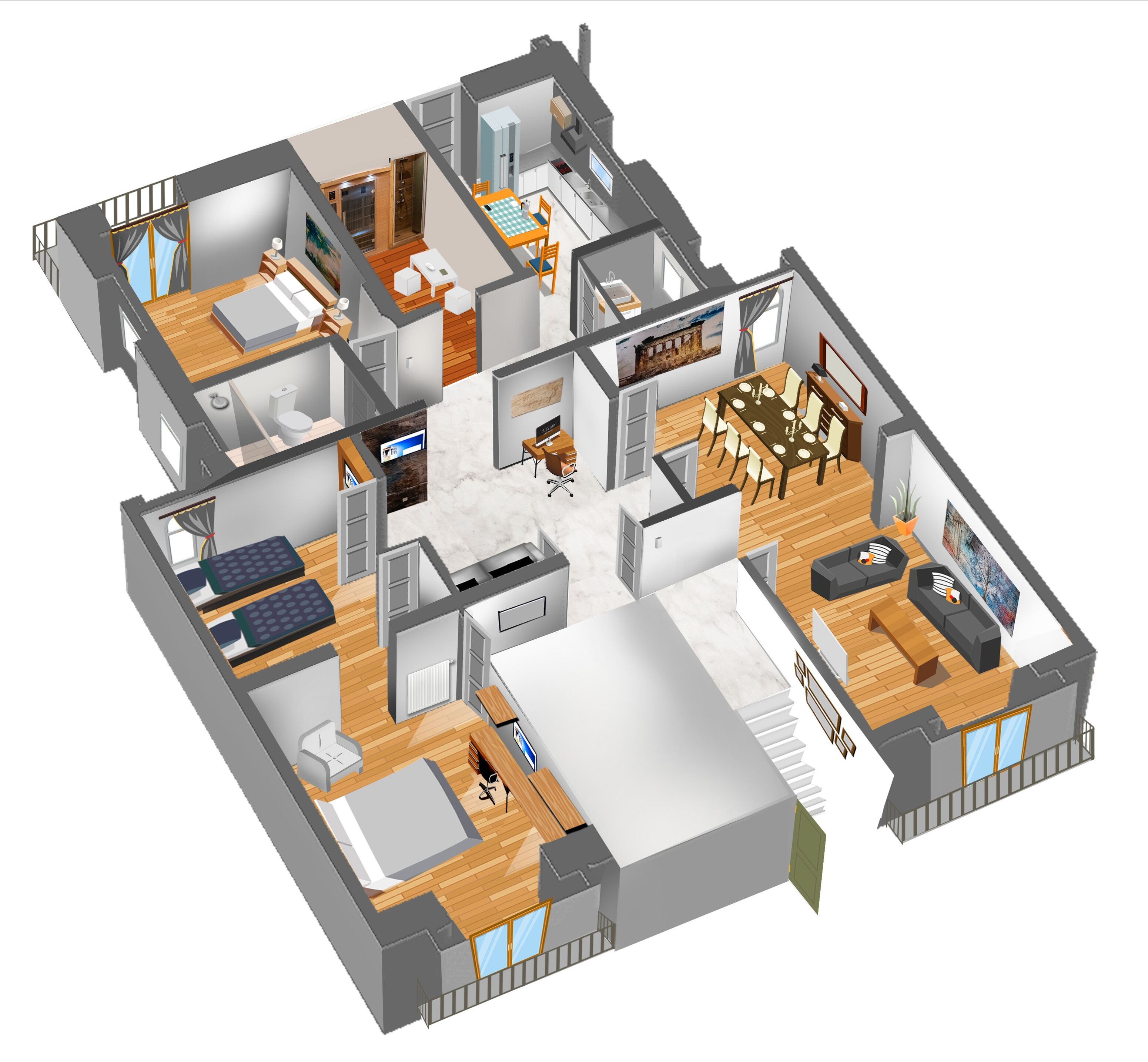 A 3D floor plan of a modern apartment with a living room, dining area, kitchen, two bedrooms, and a balcony.