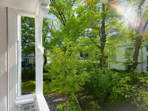 A window with a view of a garden, a tree, and a building in the background.