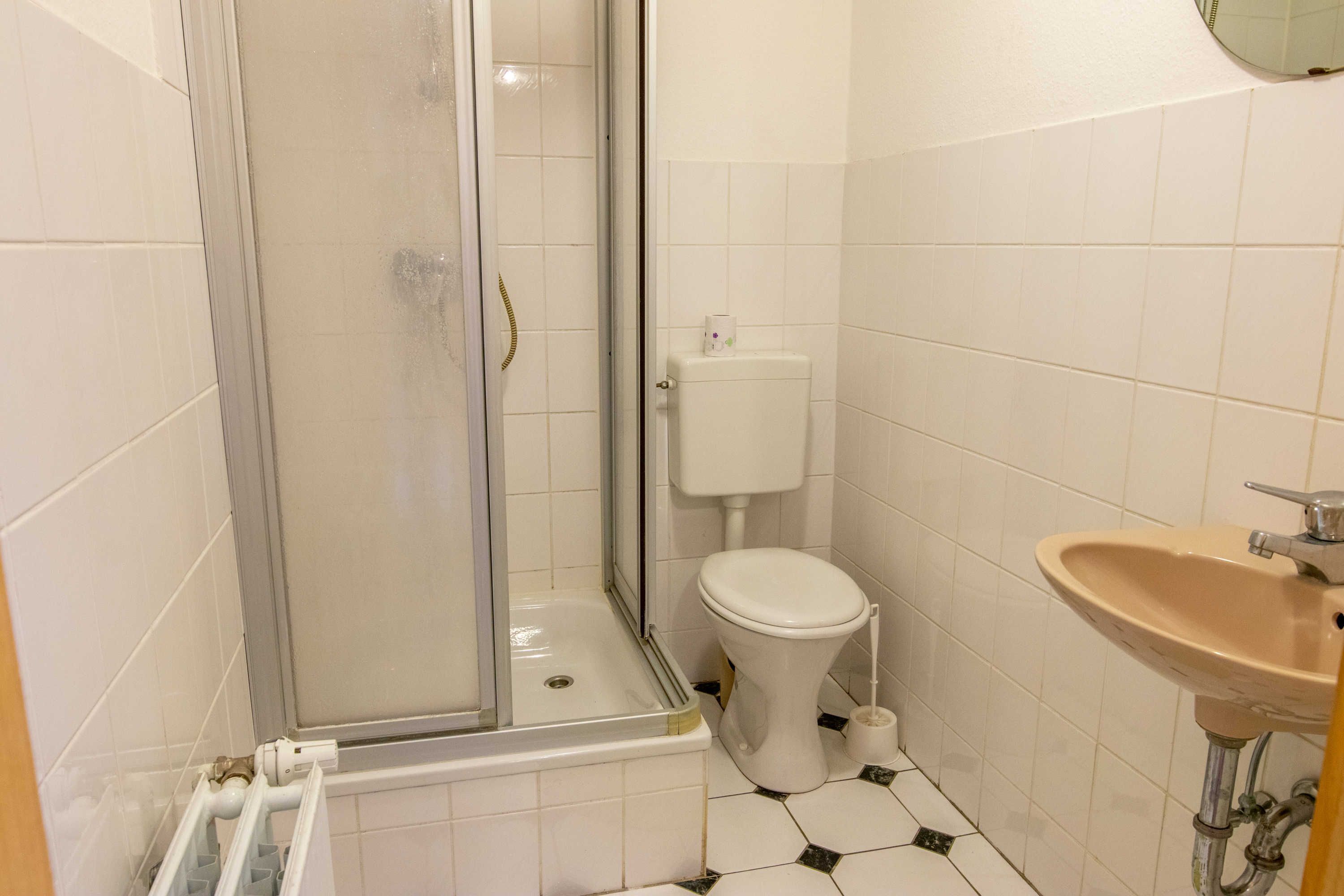 Ein Badezimmer mit Duschkabine, Toilette und Waschbecken.