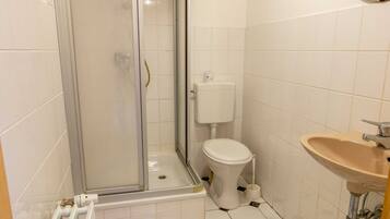 Ein Badezimmer mit Duschkabine, Toilette und Waschbecken.