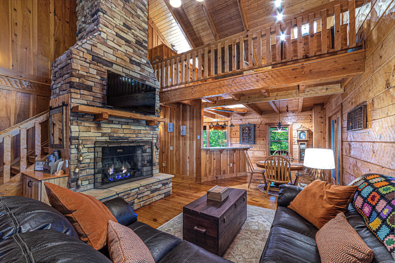 TV, fireplace, books