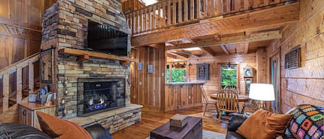 TV, fireplace, books