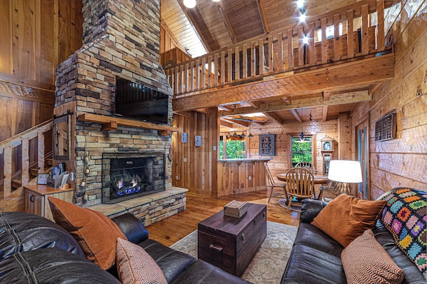 Télévision, cheminée, livres