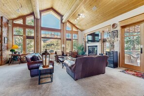 TV, fireplace, books, stereo