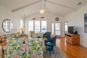 Flat-screen TV, DVD player, books, video library