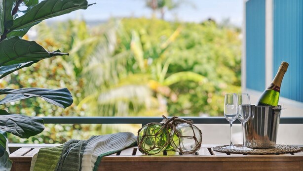 Un balcon donnant sur une végétation luxuriante, une bouteille de champagne et deux verres.