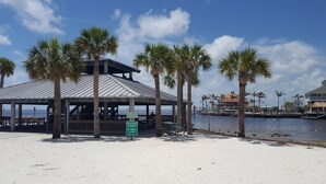 A beachside pavilion with a metal roof, surrounded by palm trees, overlooking a calm sea. - Waterfront-canal/w/Gulf view-pets welcome-private dock for a fee. (Hudson)