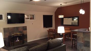 TV connectée, cheminée, lecteur de DVD, livres