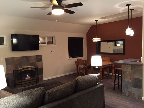 TV connectée, cheminée, lecteur de DVD, livres