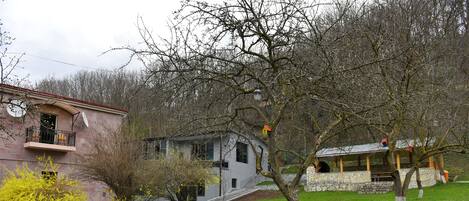 Un barrio residencial con un edificio rosa, una casa gris y un árbol con tocónes de madera.