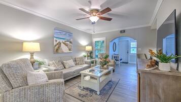 Een smart-tv, boeken, een filmbibliotheek en een stereo